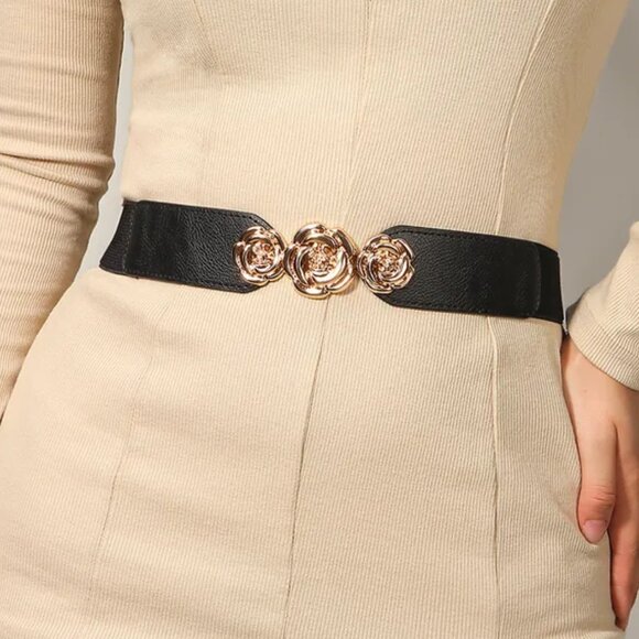 2/$30 Elastic Stretch Black Belt with Gold Rose Buckle Thin Pu Leather For Dress - Picture 8 of 8